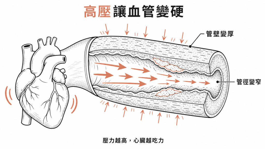 高血壓使血管壁變厚、管徑變窄、心臟更吃力的血管老化示意圖