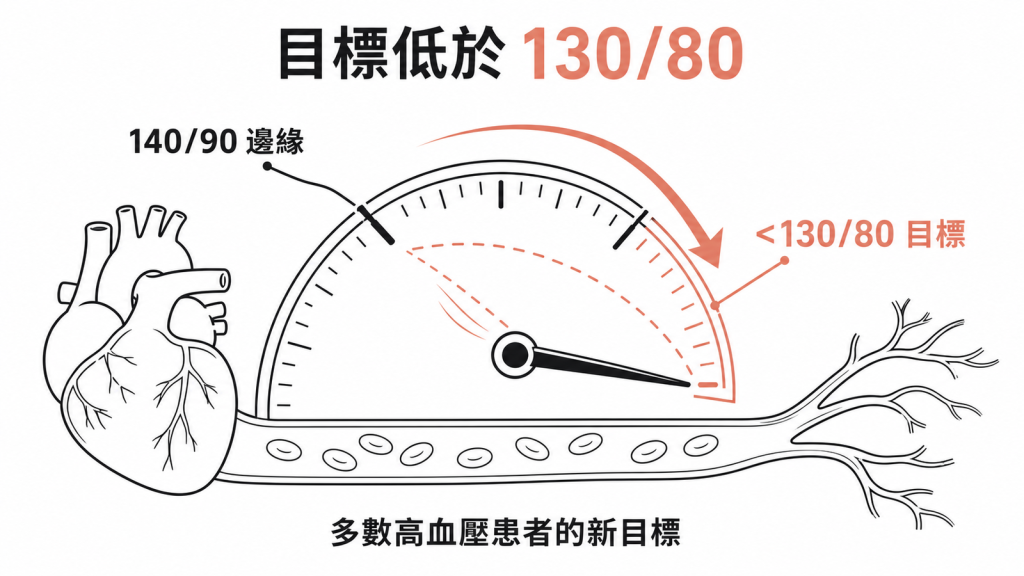 血壓目標從 140/90 邊緣調整到低於 130/80 的新標準示意圖