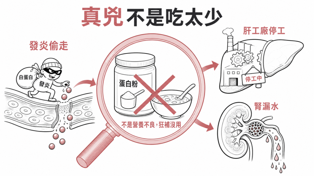 白蛋白偏低真兇是慢性發炎偷走、肝臟工廠產能下降、腎臟漏水,不是營養不良,狂補蛋白粉補湯沒用