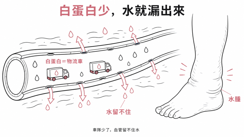 白蛋白像血管裡留住水的物流車隊,數量變少時水分會漏到組織造成下肢水腫