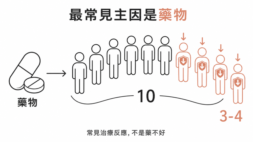 球蛋白偏低最常見主因是藥物,每10個用免疫製劑者約3到4人球蛋白下降