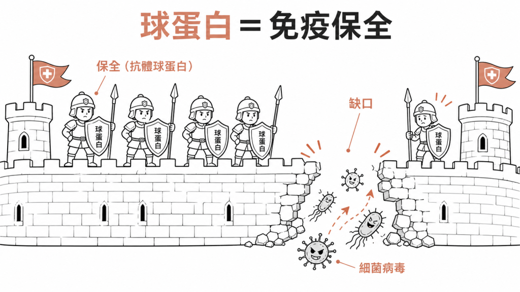 球蛋白像身體免疫保全部隊,數量變少防線出現缺口讓細菌病毒入侵