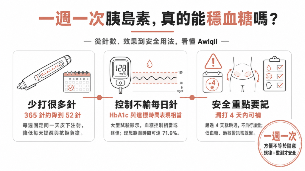 Awiqli（insulin icodec）一週一次長效胰島素衛教資訊圖：365 針減到 52 針、血糖控制不輸每日針、安全用藥重點