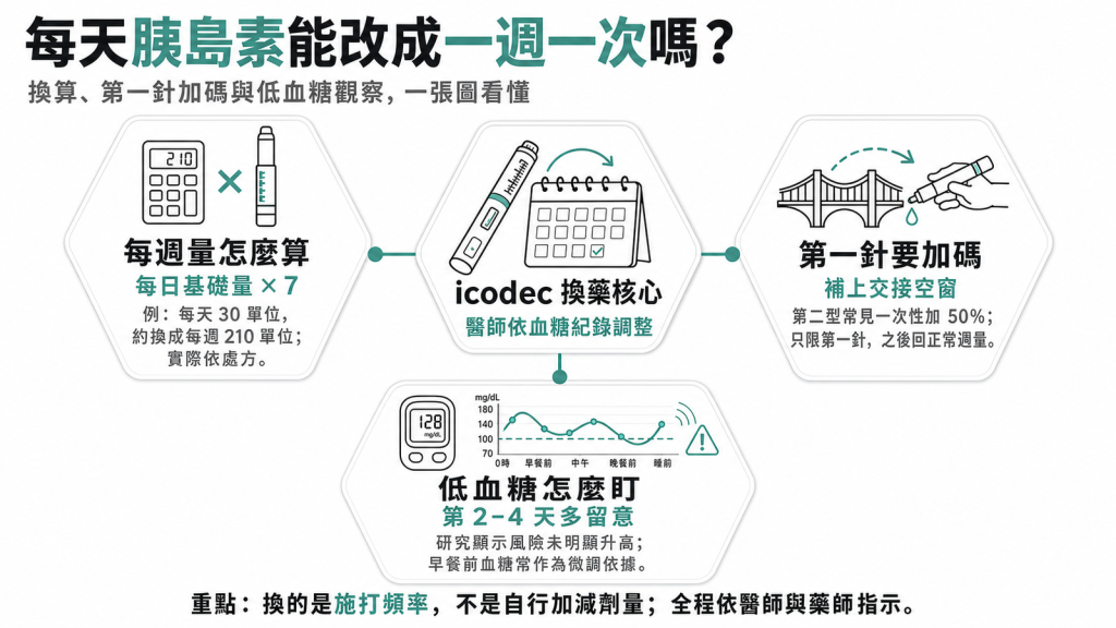 insulin icodec（Awiqli）換藥衛教資訊圖：每日基礎量乘以 7 算每週量、換藥第一針加碼 50%、過渡期第 2 到 4 天留意低血糖