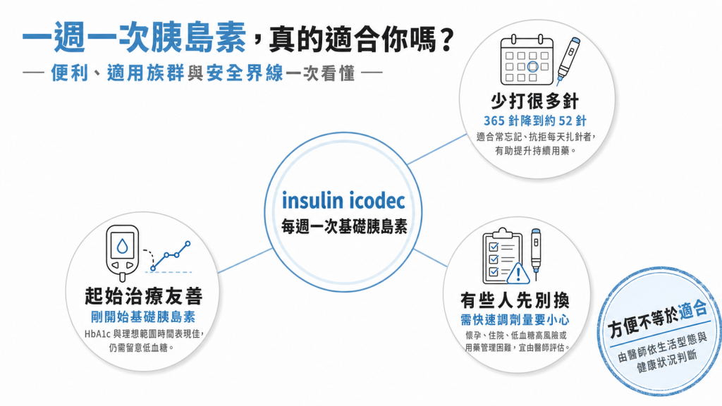 insulin icodec（Awiqli）適合對象衛教資訊圖：適合打針容易忘、剛起步打基礎胰島素者，懷孕住院低血糖高風險者先留每日針，由醫師評估