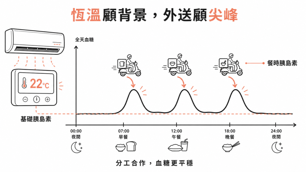 基礎胰島素像冷氣恆溫顧背景血糖、餐時胰島素像外送顧三餐尖峰，兩者分工讓血糖全天平穩