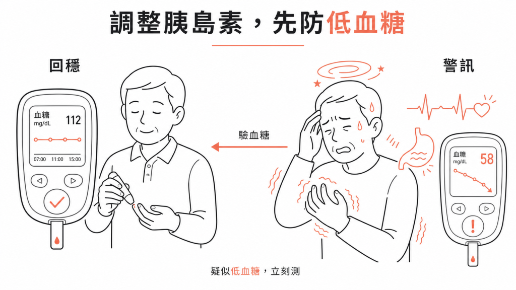 調整胰島素要防低血糖：頭暈手抖冒冷汗心悸飢餓是警訊，疑似低血糖立刻驗血糖並依醫師指示處理，嚴重時立即送醫