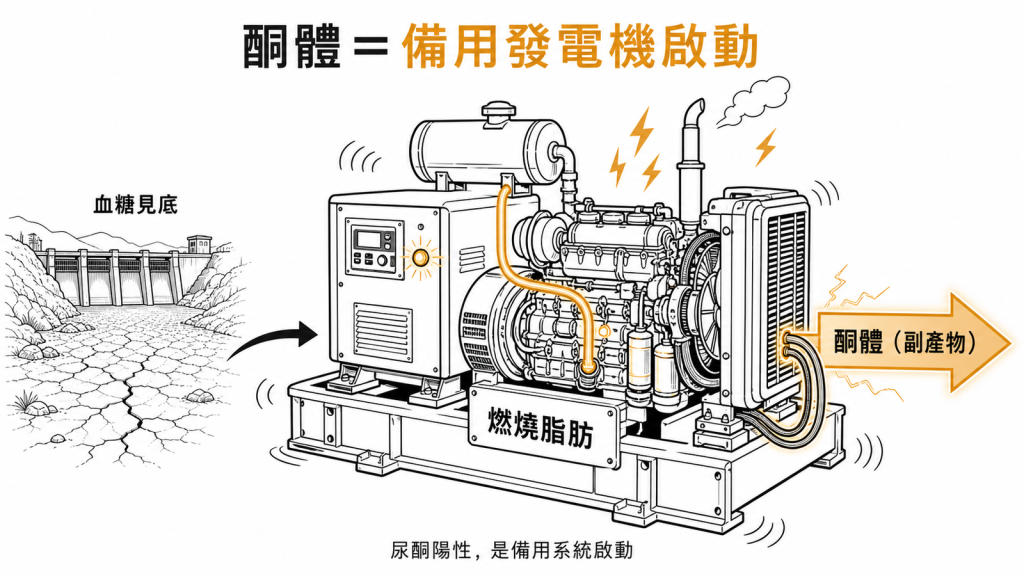 尿液酮體陽性代表血糖見底時肝臟啟動燃脂備用發電機,酮體是其副產物