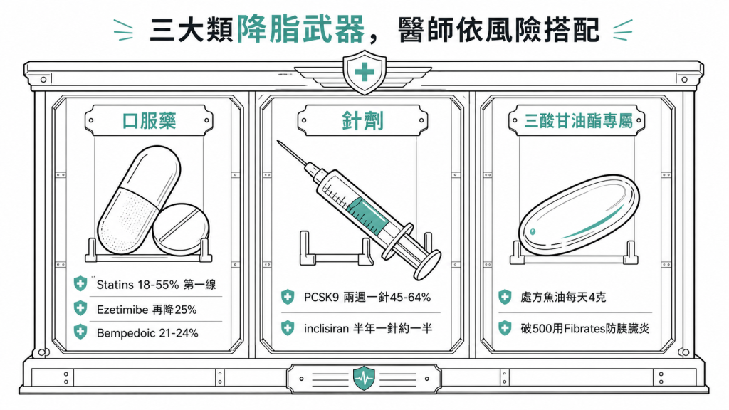 三大類降脂武器：口服藥Statins降18到55%為第一線加Ezetimibe再降25%、針劑PCSK9兩週一針降45到64%與inclisiran半年一針、三酸甘油酯專屬處方魚油每天4克及破500用Fibrates防胰臟炎