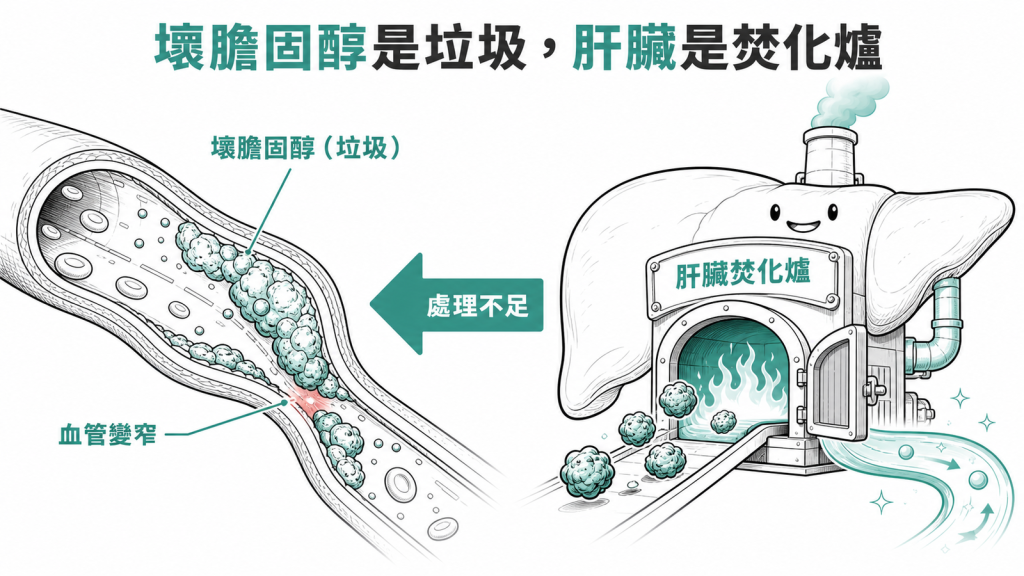 壞膽固醇就像垃圾、肝臟就像焚化爐，當肝臟處理能力不足垃圾就堆積在血管讓血管壁變窄變厚，血液無法順利送到心臟與大腦
