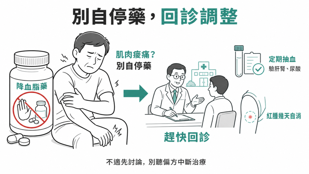 降脂藥用藥安全：出現肌肉痠痛千萬別自行停藥要趕快回診讓醫師調整或換藥、定期抽血檢驗肝腎與尿酸及早發現、針劑打針處紅腫幾天會自消，別聽偏方中斷治療