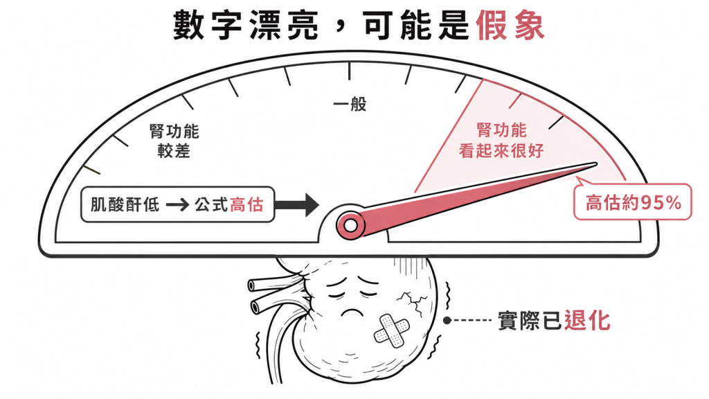 肌酸酐偏低會讓公式高估腎絲球過濾率，造成腎功能正常的假象，肝硬化合併肌肉流失者甚至可高估約95%