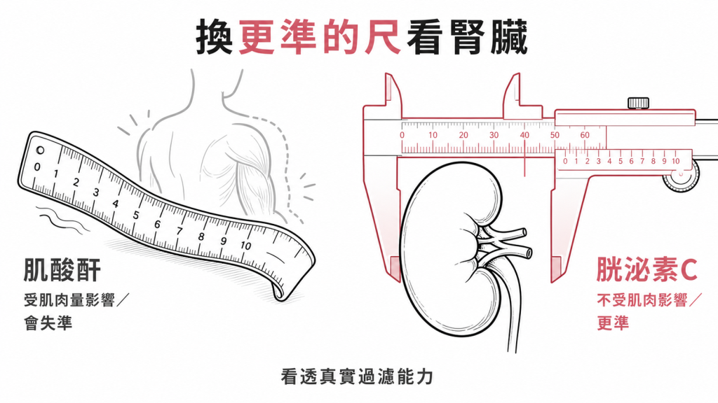 懷疑肌酸酐失準時可改用胱泌素C，不受肌肉量影響，更能看透腎臟真實過濾能力