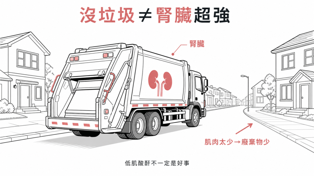 肌酸酐偏低像街上沒垃圾，往往是肌肉太少製造不出廢棄物，不代表腎臟功能特別強