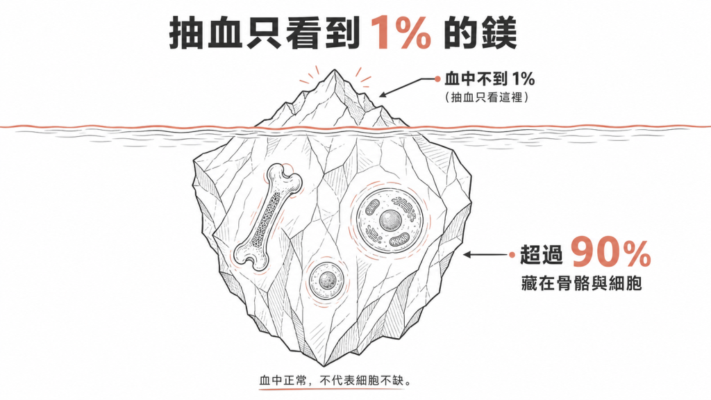 超過90%的鎂藏在骨骼與細胞,血中不到1%,抽血只看得到血中那一點所以驗不準