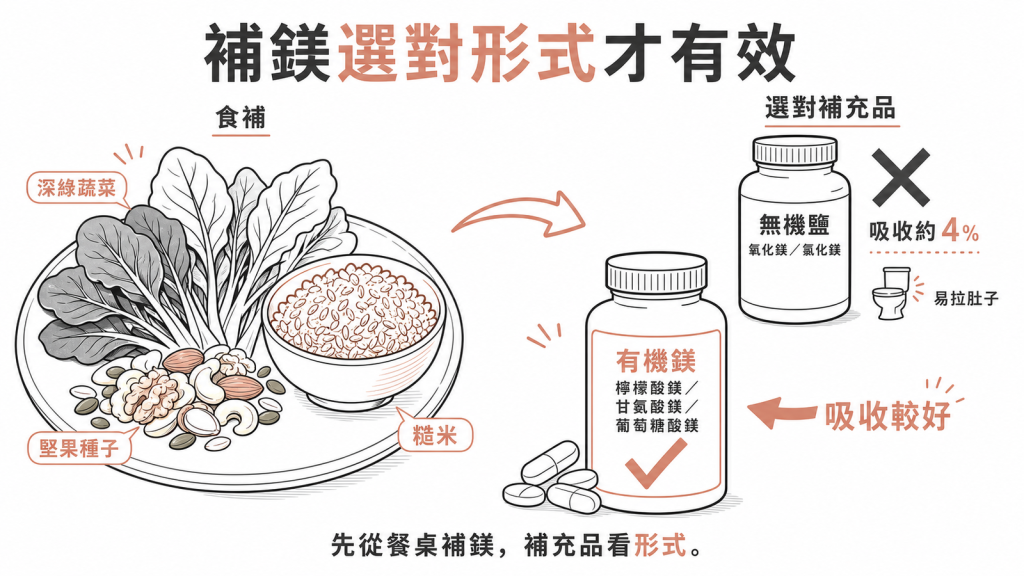 補鎂先從深綠蔬菜堅果糙米食補,補充品選有機鎂檸檬酸鎂甘氨酸鎂吸收較好,避開吸收約4%又易拉肚子的無機鹽