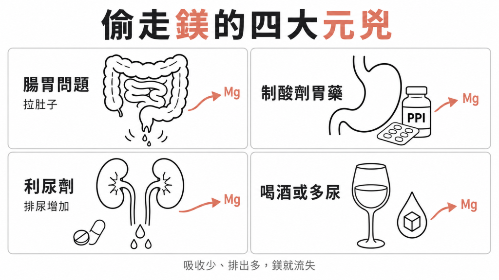 偷走鎂的四大元兇:腸胃問題拉肚子、制酸劑胃藥PPI、利尿劑排尿增加、喝酒或多尿