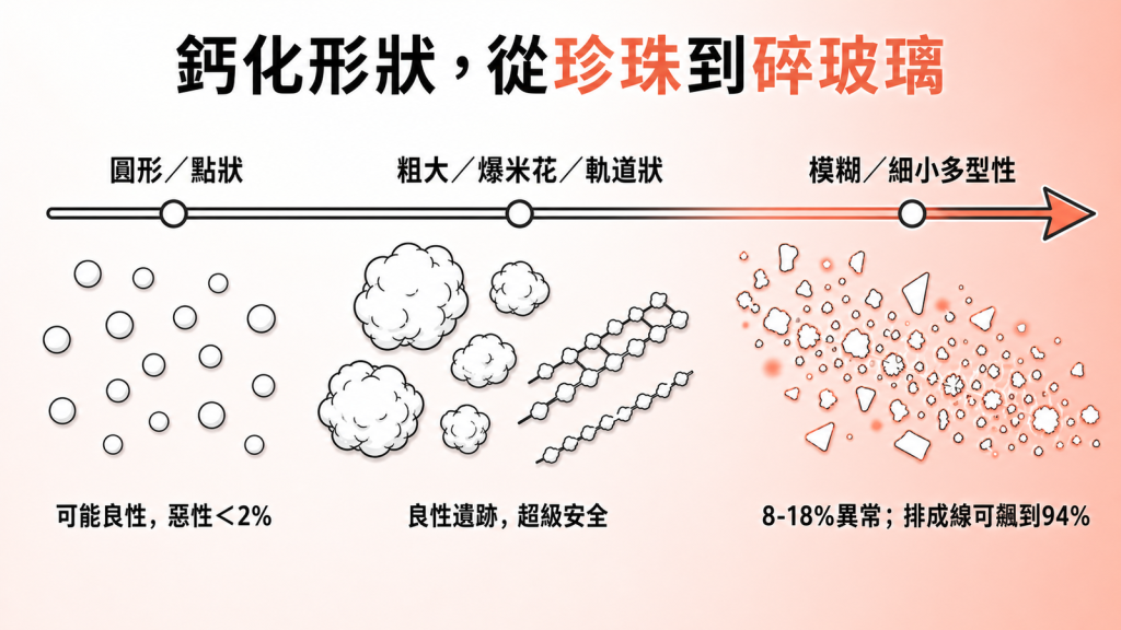 鈣化形狀風險光譜:圓形點狀可能良性惡性小於2%、粗大爆米花軌道狀是良性遺跡超級安全、模糊細小多型性約8到18%異常若排成一線陽性預測值可飆到94%