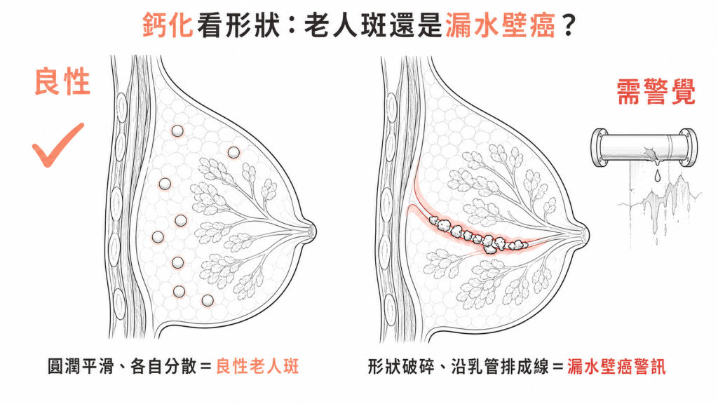 乳房鈣化看形狀:圓潤平滑各自分散的就像良性老人斑不需理會,形狀破碎沿乳腺管排成一直線蔓延的則像漏水壁癌的警訊需要警覺