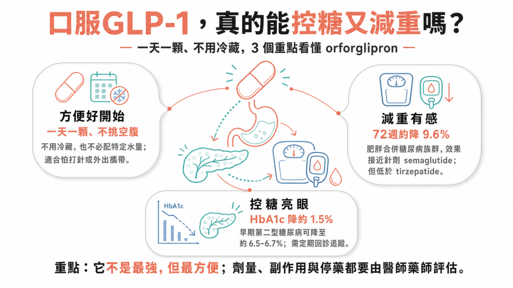 口服減重藥奧福格列朗 Orforglipron 與針劑型 GLP-1 控糖減重效果比較資訊圖