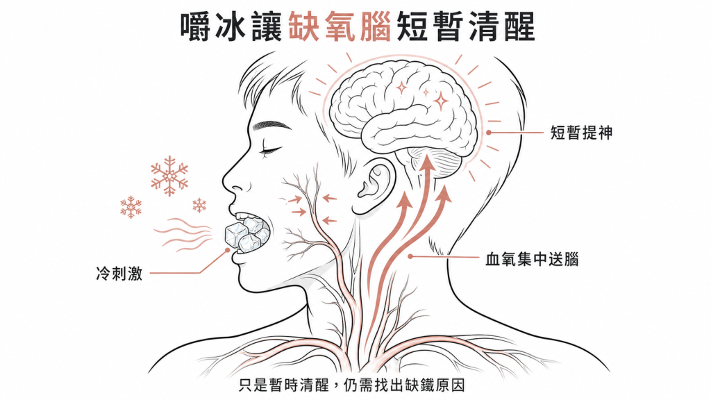 缺鐵性貧血嚼冰塊的冷刺激會啟動潛水反射把血氧集中送往大腦,讓缺氧的大腦短暫清醒提神