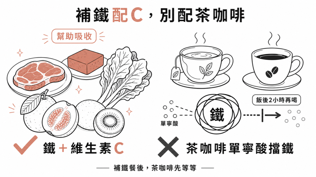 補鐵搭配維生素C幫助吸收,避開飯後馬上喝茶咖啡因單寧酸會擋住鐵質吸收,延後到飯後兩小時