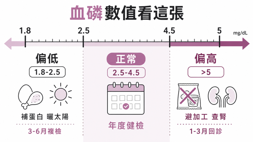 血磷數值分級:偏低1.8到2.5補蛋白曬太陽、正常2.5到4.5年度健檢、偏高大於5避加工查腎