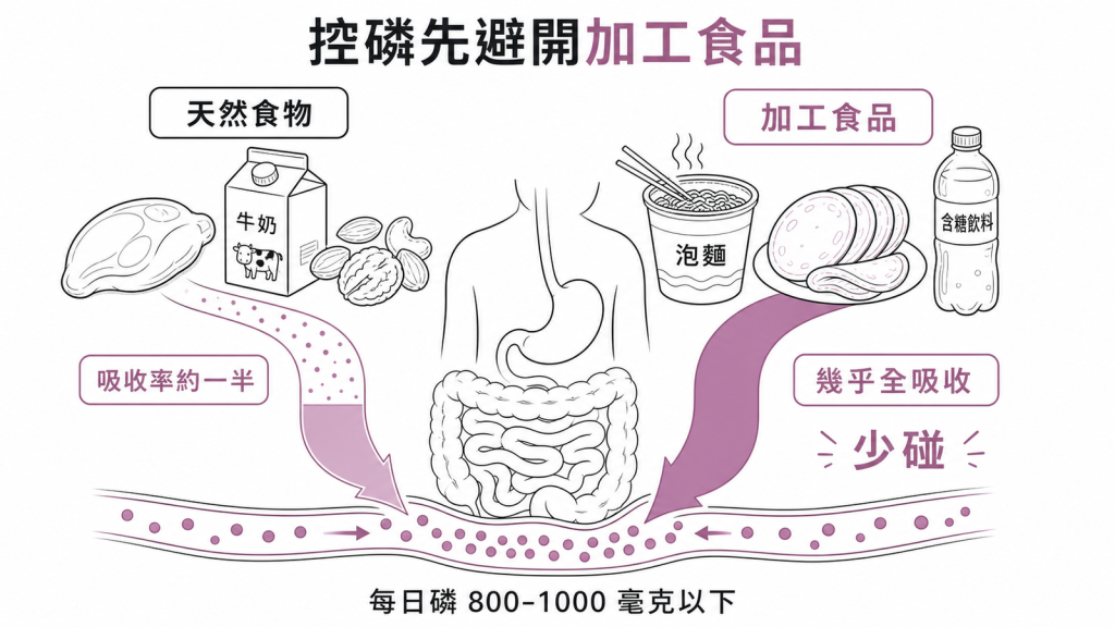 控磷飲食:天然食物磷吸收率約一半,加工食品磷添加物幾乎全吸收要少碰,每日磷800到1000毫克以下