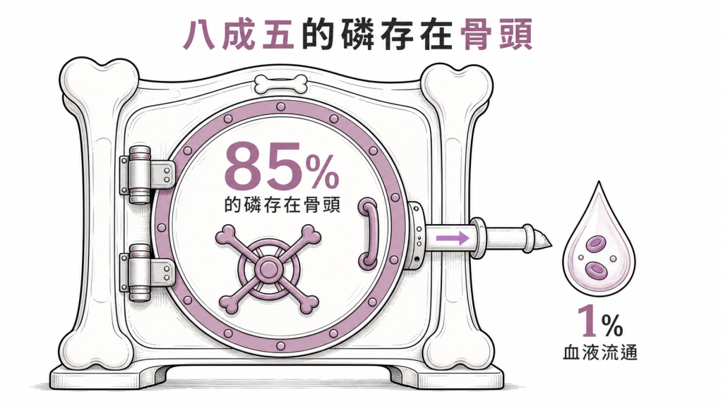 人體約85%的磷存在骨頭金庫,只有約1%在血液流通
