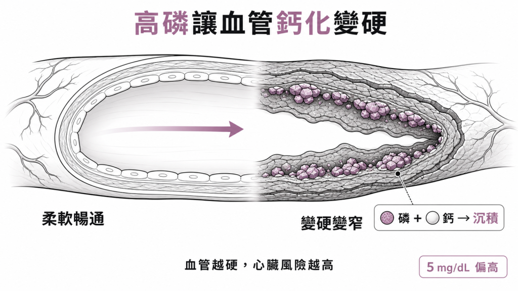 血磷偏高時磷與鈣結合沉積在血管壁,讓血管鈣化變硬變窄,增加心血管風險