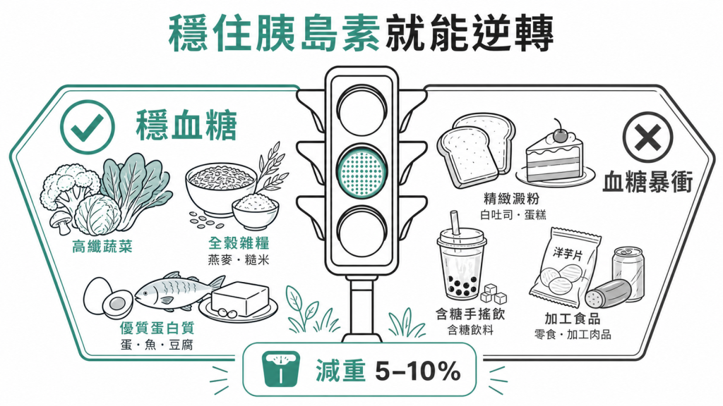 穩住胰島素就能逆轉PMOS，綠燈吃高纖蔬菜全穀優質蛋白，紅燈避精緻澱粉含糖飲料加工食品，減重5到10%