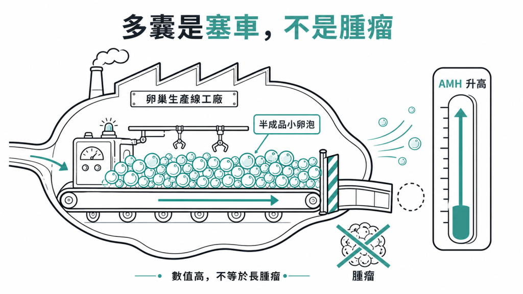 多囊是卵巢工廠半成品小卵泡塞車導致AMH升高，不是長腫瘤