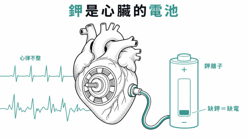 鉀離子是心臟與肌肉的電池,血鉀不足會讓心臟缺電亂跳引發心律不整