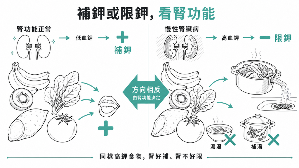 補鉀或限鉀方向相反由腎功能決定,腎正常低血鉀補鉀,慢性腎臟病高血鉀要限鉀倒菜湯避濃湯