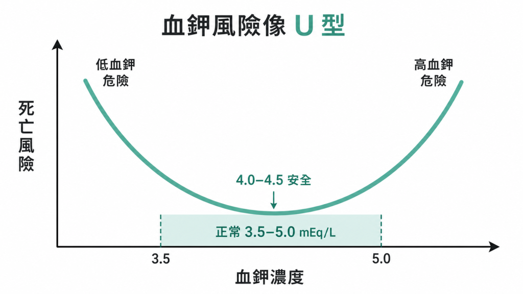 血鉀與死亡風險呈U型曲線,4.0到4.5最安全,正常範圍3.5到5.0mEq/L,太低或太高都危險