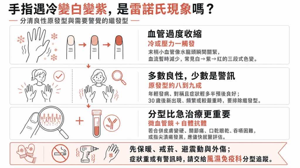 雷諾氏現象資訊圖：手指遇冷出現白紫紅三段式色變，分清良性原發型與需警覺的繼發型