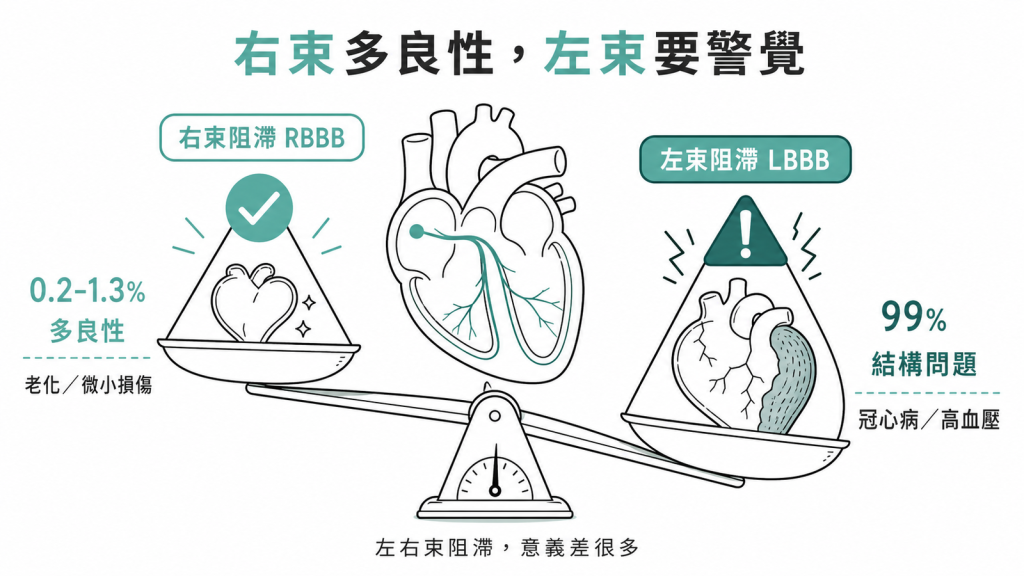 右束阻滯約0.2到1.3%多屬老化良性,左束阻滯99%以上有心臟結構問題常見冠心病與高血壓要警覺