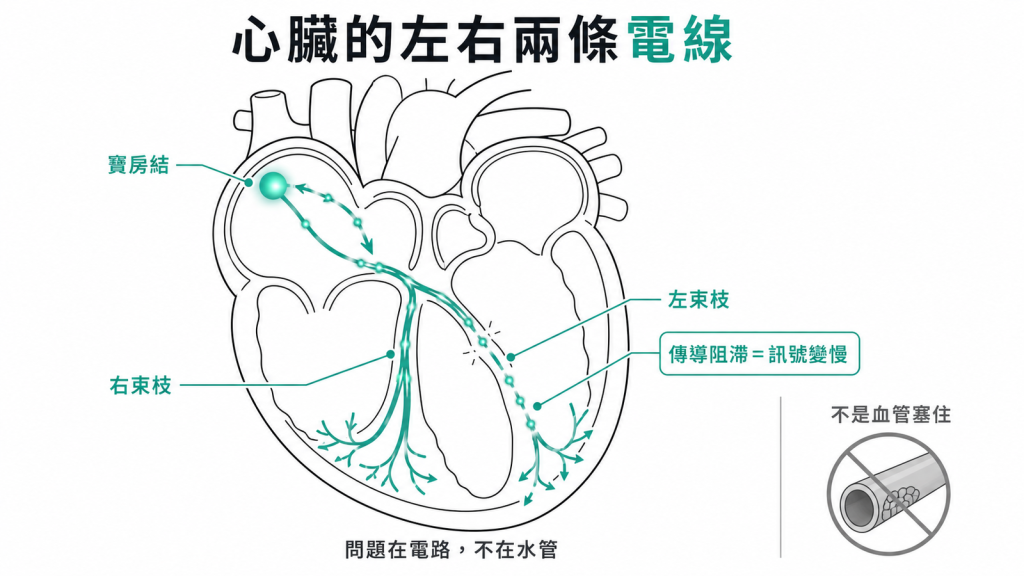 傳導阻滯是心臟電線訊號變慢不是血管塞住,竇房結沿右束枝左束枝兩條電線傳訊號給左右心室