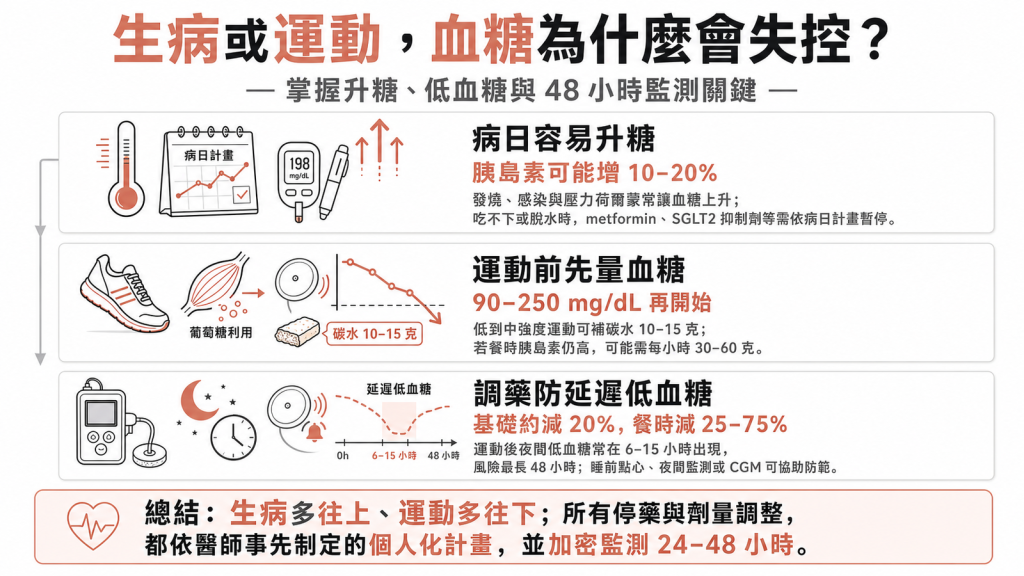 糖尿病生病與運動血糖管理資訊圖：病日容易升糖胰島素可能增 10-20%、運動前血糖 90-250 才開始、調藥防運動後延遲低血糖，依醫師個人化計畫