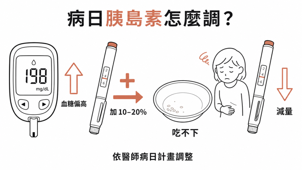 生病時血糖偏高把胰島素加 10-20%、吃不下則減量的方向示意圖