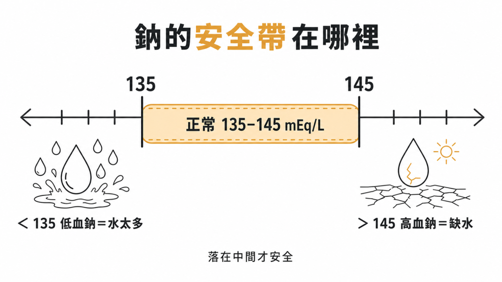 血鈉正常範圍135至145mEq/L,低於135是水太多稀釋的低血鈉,高於145是缺水的高血鈉