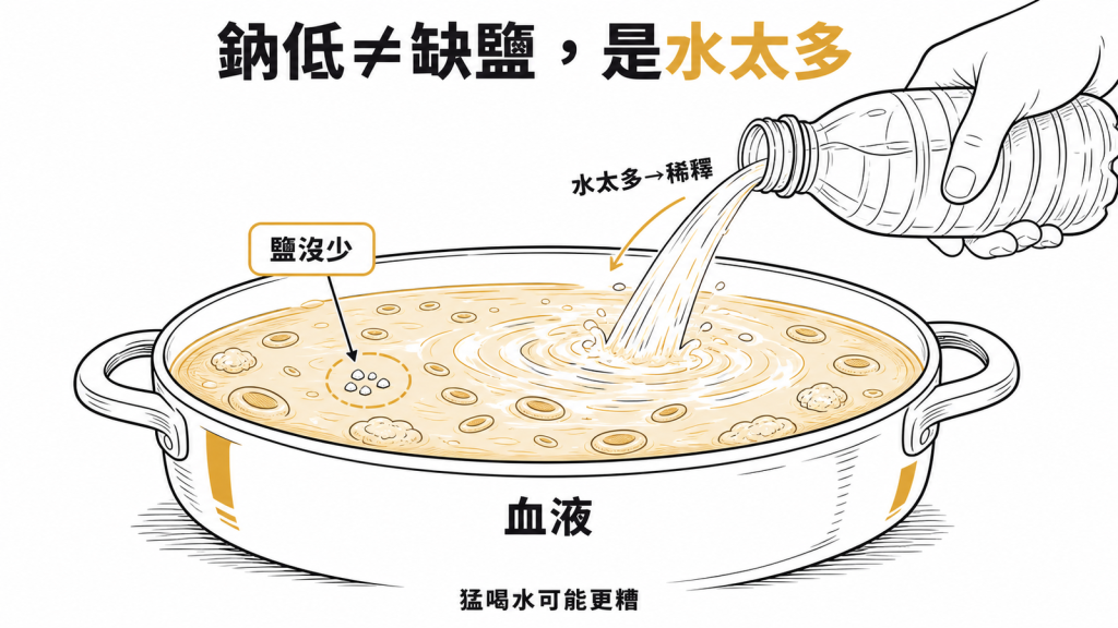血鈉偏低常不是缺鹽,而是身體水分太多把血液稀釋,像雞湯加太多水變淡