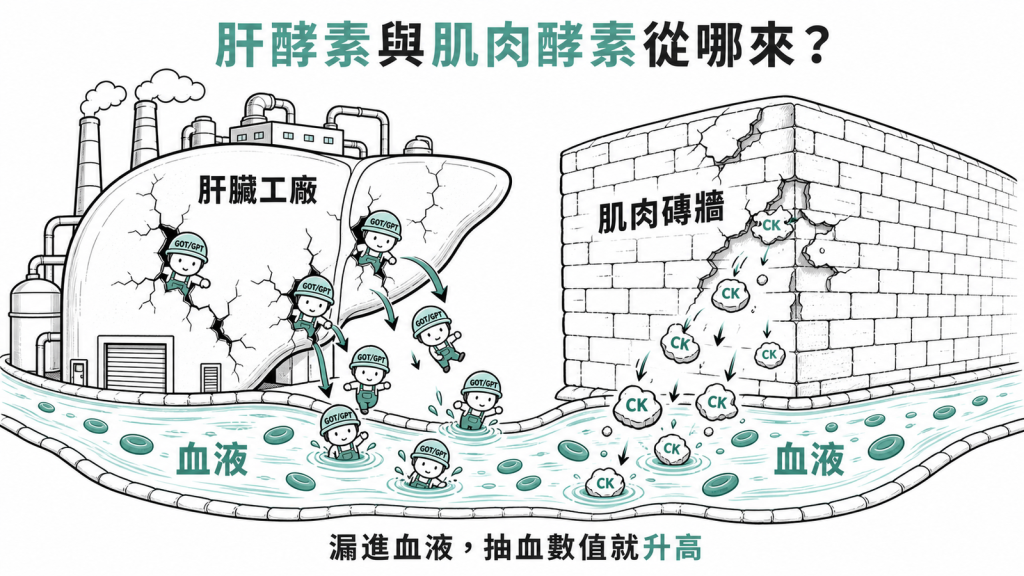 肝臟工廠牆壁裂縫讓GOT與GPT漏進血液、肌肉磚牆剝落讓CK掉進血液，抽血數值就升高