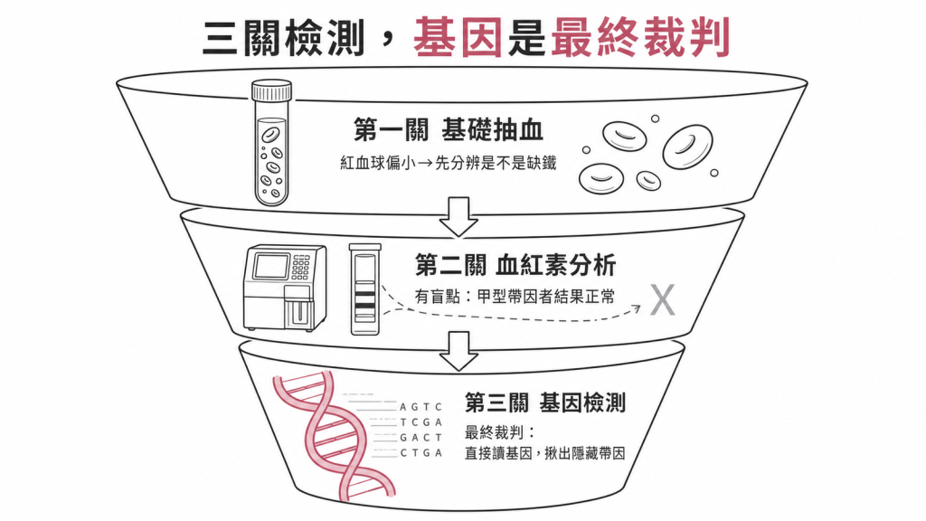 地中海貧血三關檢測流程：第一關基礎抽血先分辨是否缺鐵、第二關血紅素分析有甲型帶因者結果正常的盲點、第三關基因檢測是最終裁判直接讀基因揪出隱藏帶因