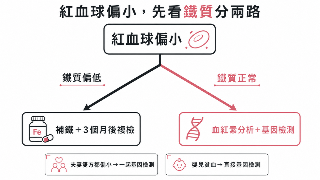 紅血球偏小先看鐵質分兩路：鐵質偏低就補鐵並3個月後複檢、鐵質正常就做血紅素分析加基因檢測；夫妻雙方都偏小要一起基因檢測、嬰兒貧血直接基因檢測