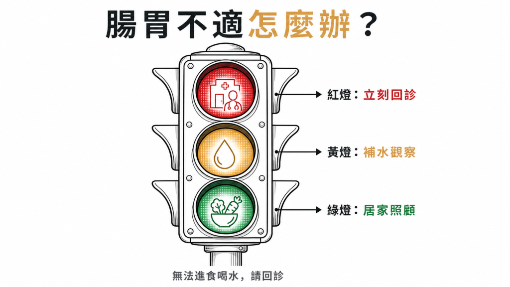 猛健樂腸胃副作用紅黃綠燈自我照護分流:紅燈立刻回診、黃燈補水觀察、綠燈居家照顧