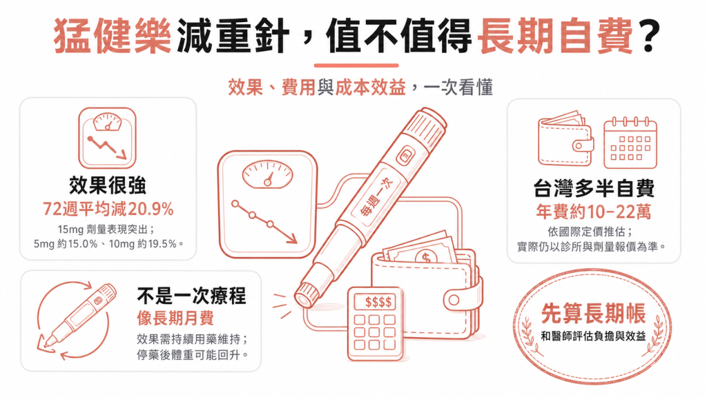 猛健樂減重一年自費費用推估與成本效益資訊圖