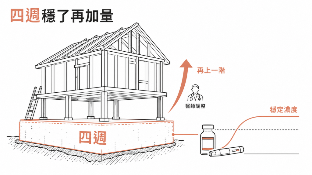 tirzepatide 每四週調一次劑量,像蓋房子地基穩一個月才往上蓋一層,藥物濃度約四週達穩定,由醫師調整