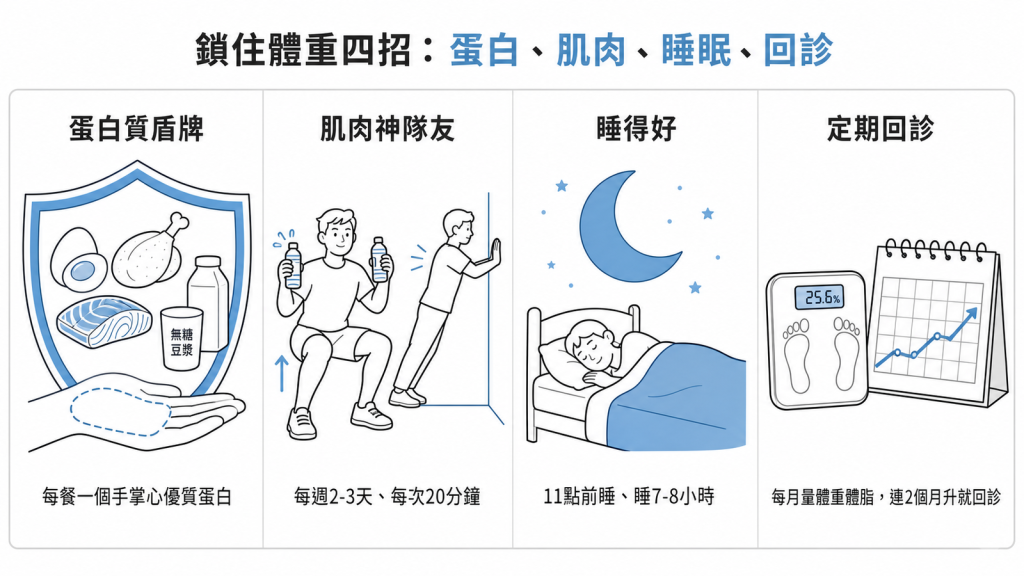 鎖住體重四招：每餐吃一個手掌心大小的優質蛋白、每週2到3天每次20分鐘做寶特瓶深蹲等肌力運動、11點前睡並睡7到8小時、每月量體重體脂連續2個月上升就提早回診