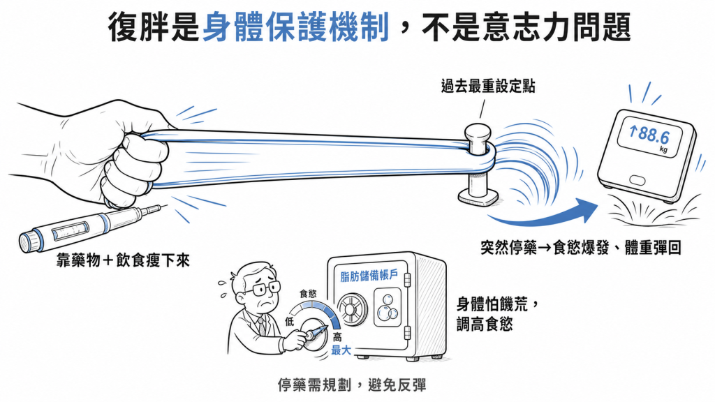復胖是身體保護機制不是意志力問題：身體像記住最重設定點的橡皮筋，靠藥物與飲食瘦下來像把它拉緊，突然停藥就像鬆手讓體重彈回，加上脂肪像神經質銀行經理怕饑荒而調高食慾，所以停藥需規劃